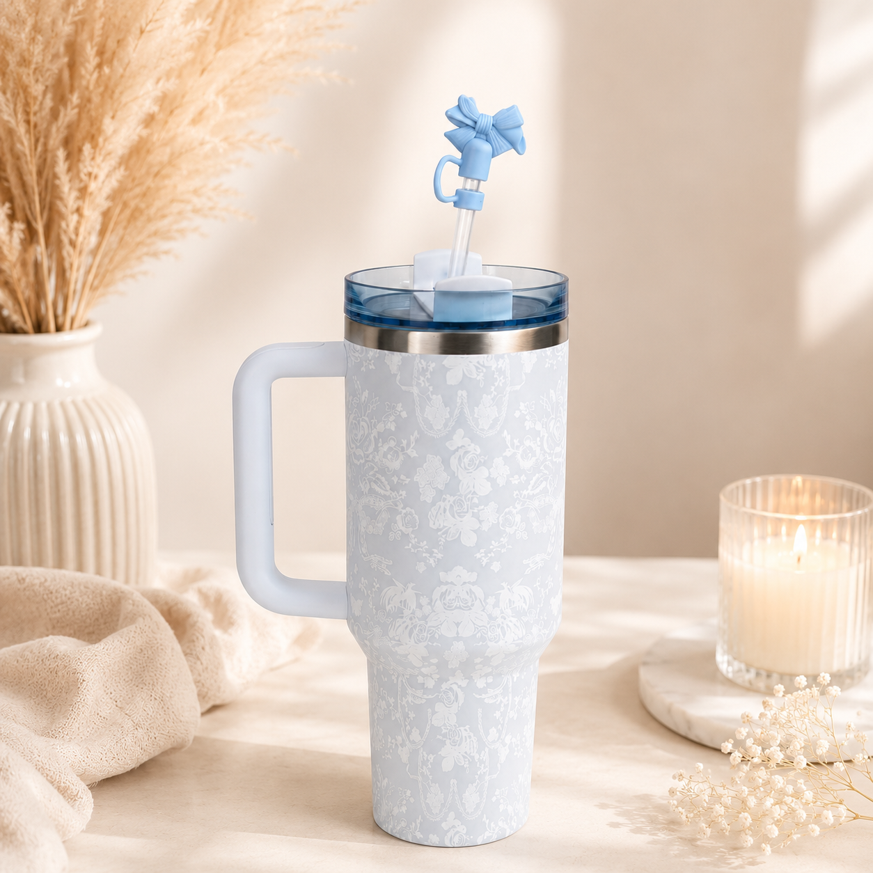 RVS Drinkbeker Blauw Grijs met Wit Bloemmotief - 1L